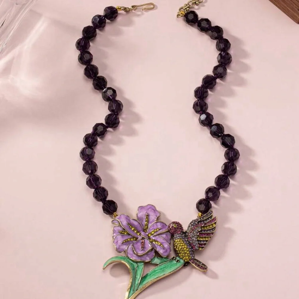 Hummingbird Colorful Rhinestone Enamel Necklace Purple Bead Large Flower NEW